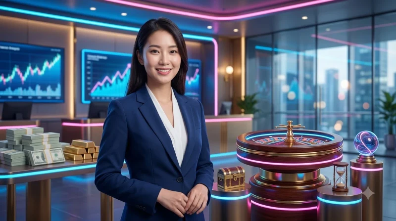 Ảnh minh họa khái niệm nền tảng spinning wheel game CM88 với giao diện 3D phát sáng trên bàn chơi kỹ thuật số.
