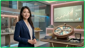 Ảnh minh họa khái niệm nền tảng spinning wheel game CM88 với giao diện 3D phát sáng trên bàn chơi kỹ thuật số.