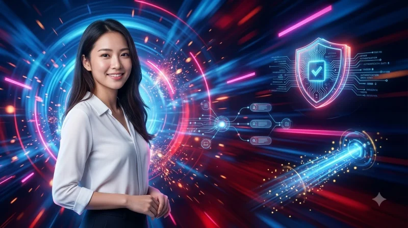 Bàn tay cầm điện thoại với biểu tượng vân tay và lớp bảo mật xác thực hai yếu tố