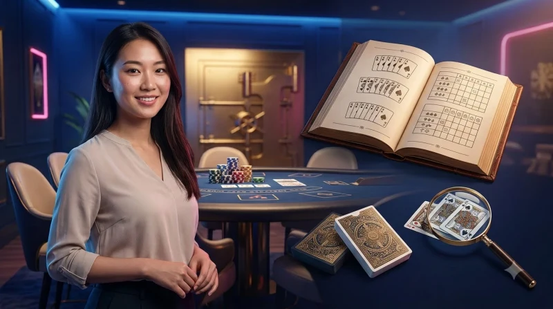 Bàn tay dealer cầm bài úp trên bàn blackjack với chip vàng, minh họa bối cảnh học thuật ngữ blackjack