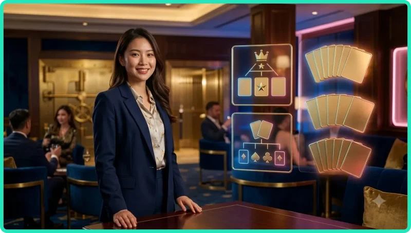Bàn tay dealer cầm bài úp trên bàn blackjack với chip vàng, minh họa bối cảnh học thuật ngữ blackjack
