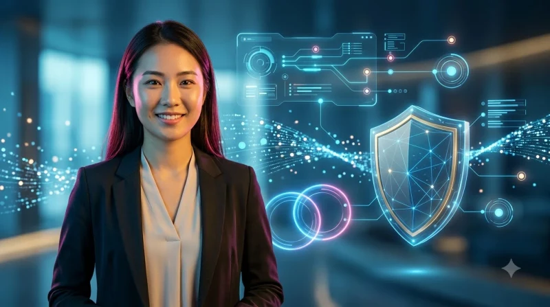 Biểu tượng khiên bảo mật với dấu kiểm và các biểu tượng bảo vệ thông tin, giao dịch an toàn