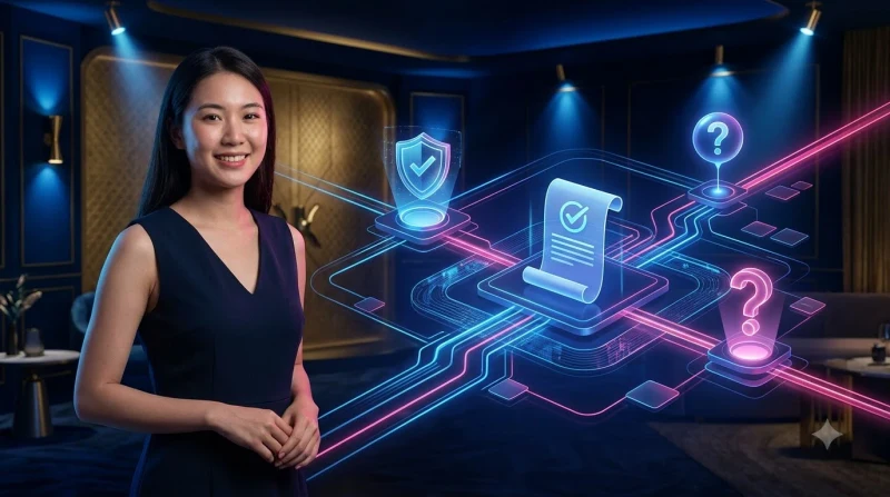 Câu hỏi thường gặp được minh họa qua biểu tượng dấu hỏi phát sáng trên giao diện kỹ thuật số