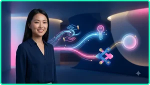 Chuyên gia ngồi tại bàn làm việc cao cấp đang xem xét bảng trạng thái giao dịch holographic với ánh sáng vàng và viền xanh neon