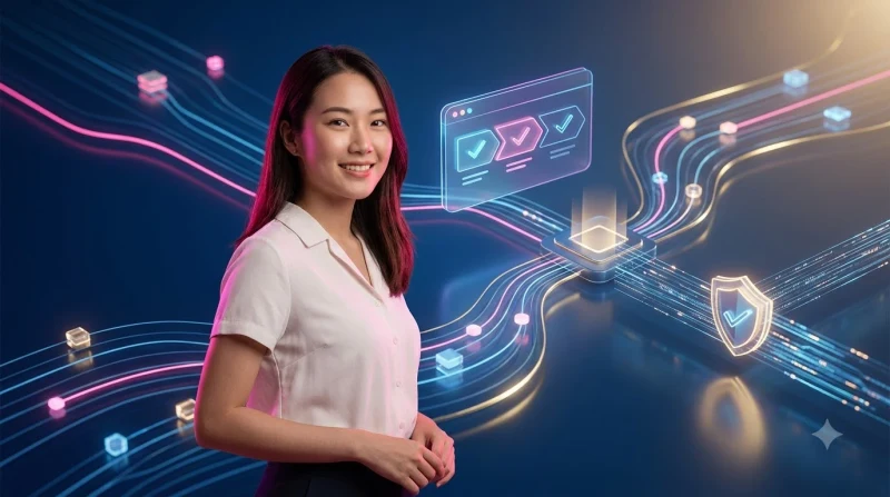 Chuyên gia thao tác trên laptop trong không gian làm việc hiện đại với overlay holographic hiển thị các bước kiểm tra giao dịch