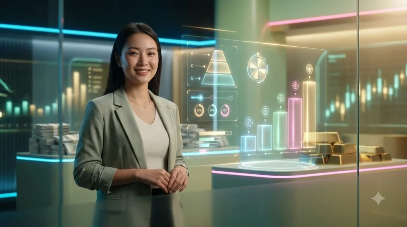 Giao diện tương lai hiển thị quy trình 5 bước với các nút phát sáng.