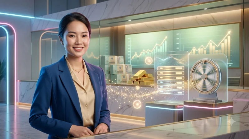 Chìa khóa vàng mở khóa bảng trả thưởng holographic với các biểu tượng slot.