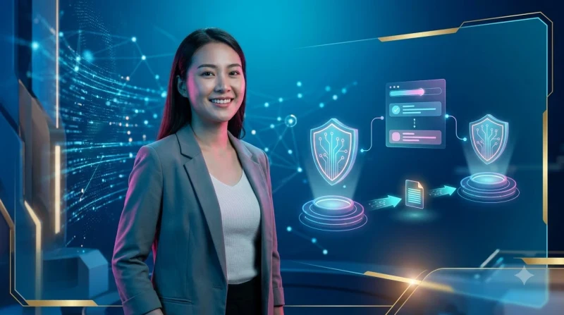 Kính chắn kỹ thuật số phát sáng với biểu tượng cảnh báo minh họa lưu ý giao dịch an toàn