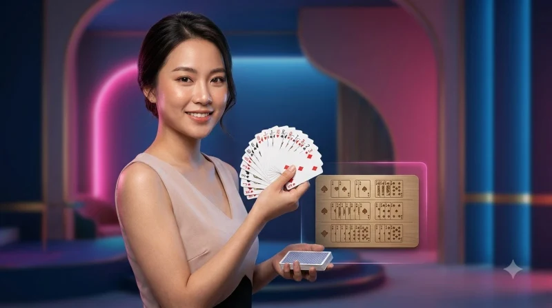 Luật mậu binh cơ bản - ba chi bài được sắp xếp trên bàn với chip vàng