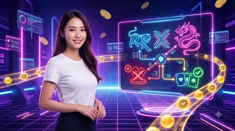 Minh họa những lầm tưởng phổ biến khi chơi rồng hổ với dấu hỏi neon và biểu tượng rồng hổ