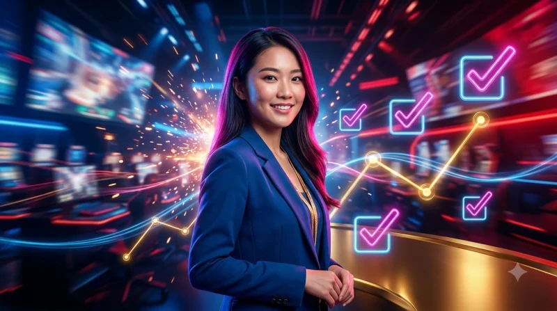 Minh họa quy trình kiểm tra điều kiện nhận khuyến mãi với chuỗi thẻ bước nhảy màu neon
