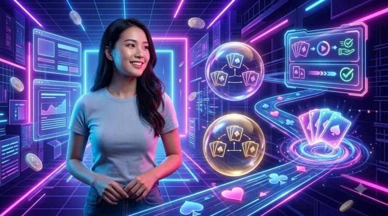 Minh họa tổng quan trò chơi phỏm online với bài tây và giao diện kỹ thuật số hiện đại