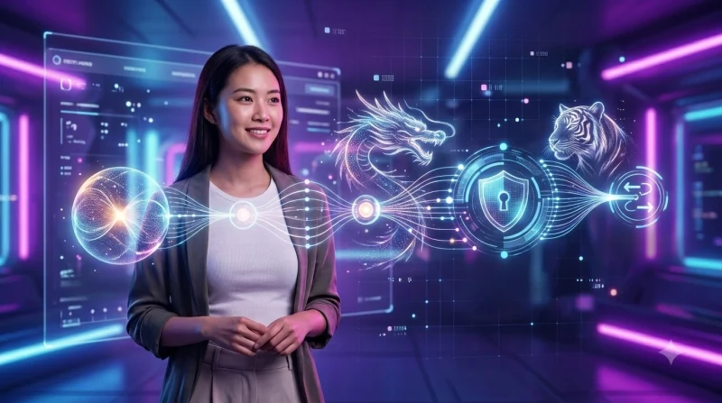 Minh họa trò chơi rồng hổ trực tuyến với rồng và hổ cách điệu trên bàn bài ảo
