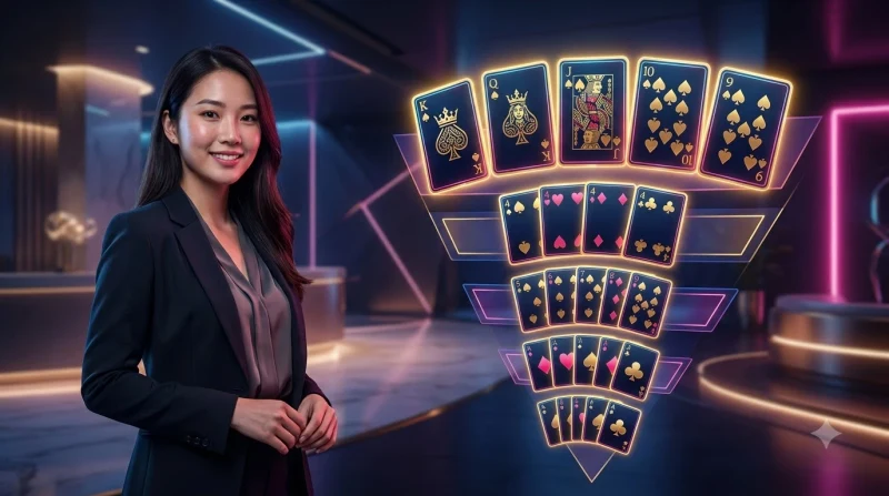 Năm bộ tay bài poker xếp chồng lên nhau từ yếu đến mạnh với ánh sáng neon