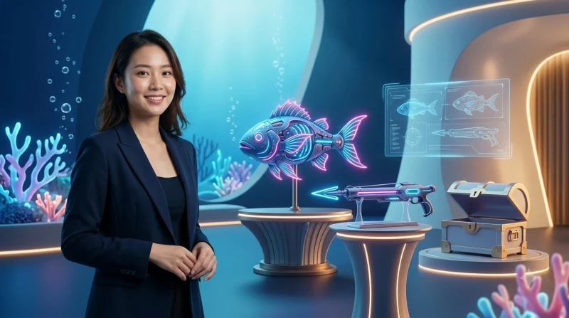 Người chơi quan sát màn hình bắn cá CM88 với súng ánh sáng neon và đàn cá nhiều màu