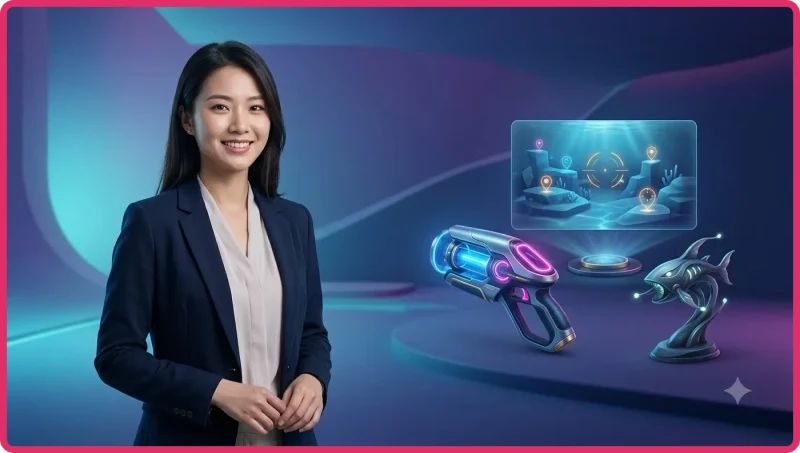 Người chơi quan sát màn hình bắn cá CM88 với súng ánh sáng neon và đàn cá nhiều màu