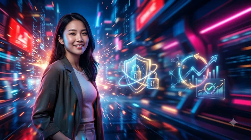 Người dùng bảo vệ tài khoản trực tuyến với lớp bảo mật và biểu tượng khóa