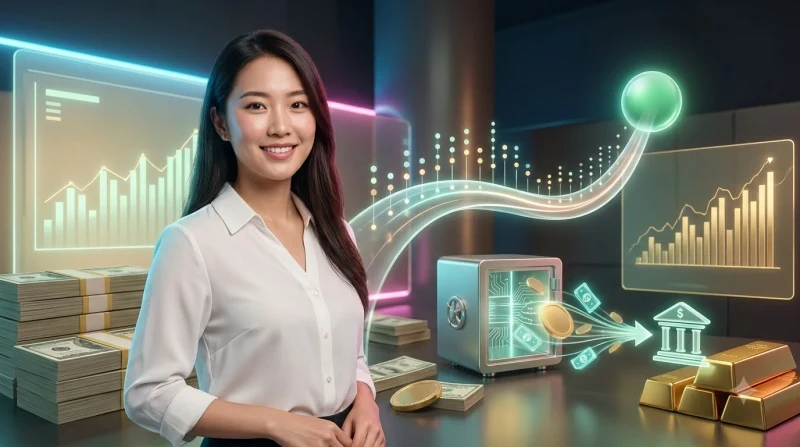 Người dùng ngồi tại bàn kiểm tra giao diện rút tiền trên máy tính với biểu tượng ví và bảo mật