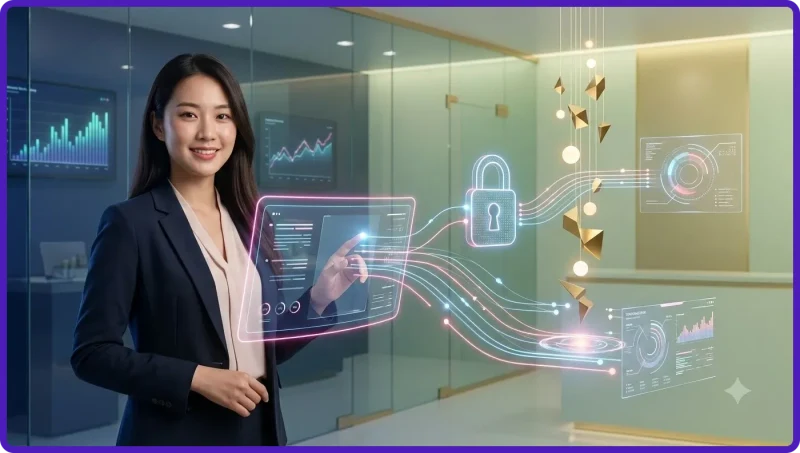 Người dùng ngồi tại bàn kiểm tra giao diện rút tiền trên máy tính với biểu tượng ví và bảo mật