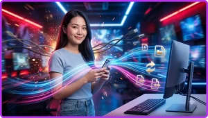 Người dùng trong văn phòng hiện đại đồng bộ file giữa điện thoại và máy tính với biểu tượng dữ liệu phát sáng