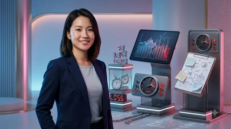 Người phụ nữ nhìn cảnh báo holographic về lỗi thường gặp khi đặt cược slot, minh họa bài viết về sai lầm của người chơi