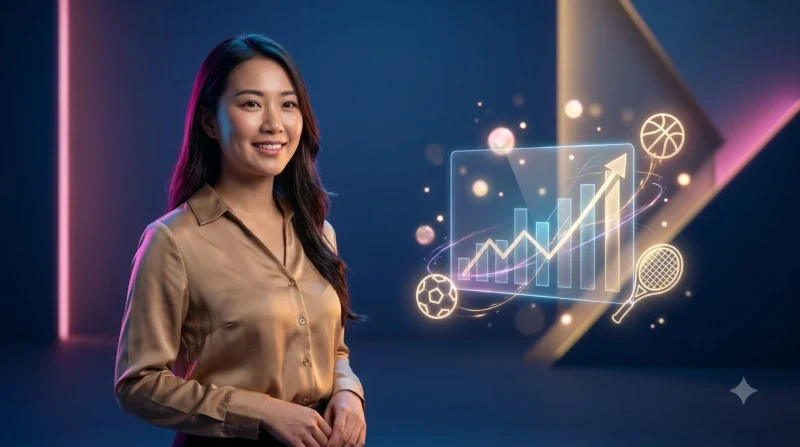 Người phụ nữ xem biểu đồ mức cược slot trên màn hình holographic, minh họa khái niệm mức cược slot CM88