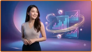 Người phụ nữ xem biểu đồ mức cược slot trên màn hình holographic, minh họa khái niệm mức cược slot CM88