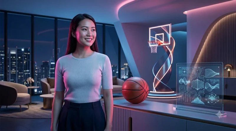 Phụ nữ chuyên nghiệp xem phân tích tỷ lệ cược bóng rổ trên màn hình holographic