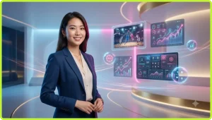 Phụ nữ chuyên nghiệp xem phân tích tỷ lệ cược bóng rổ trên màn hình holographic
