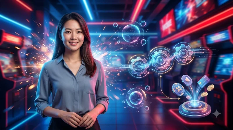 Tay cầm game arcade với biểu tượng cúp và đồ thị tăng trưởng thể hiện lợi ích khi khắc phục lỗi đúng cách